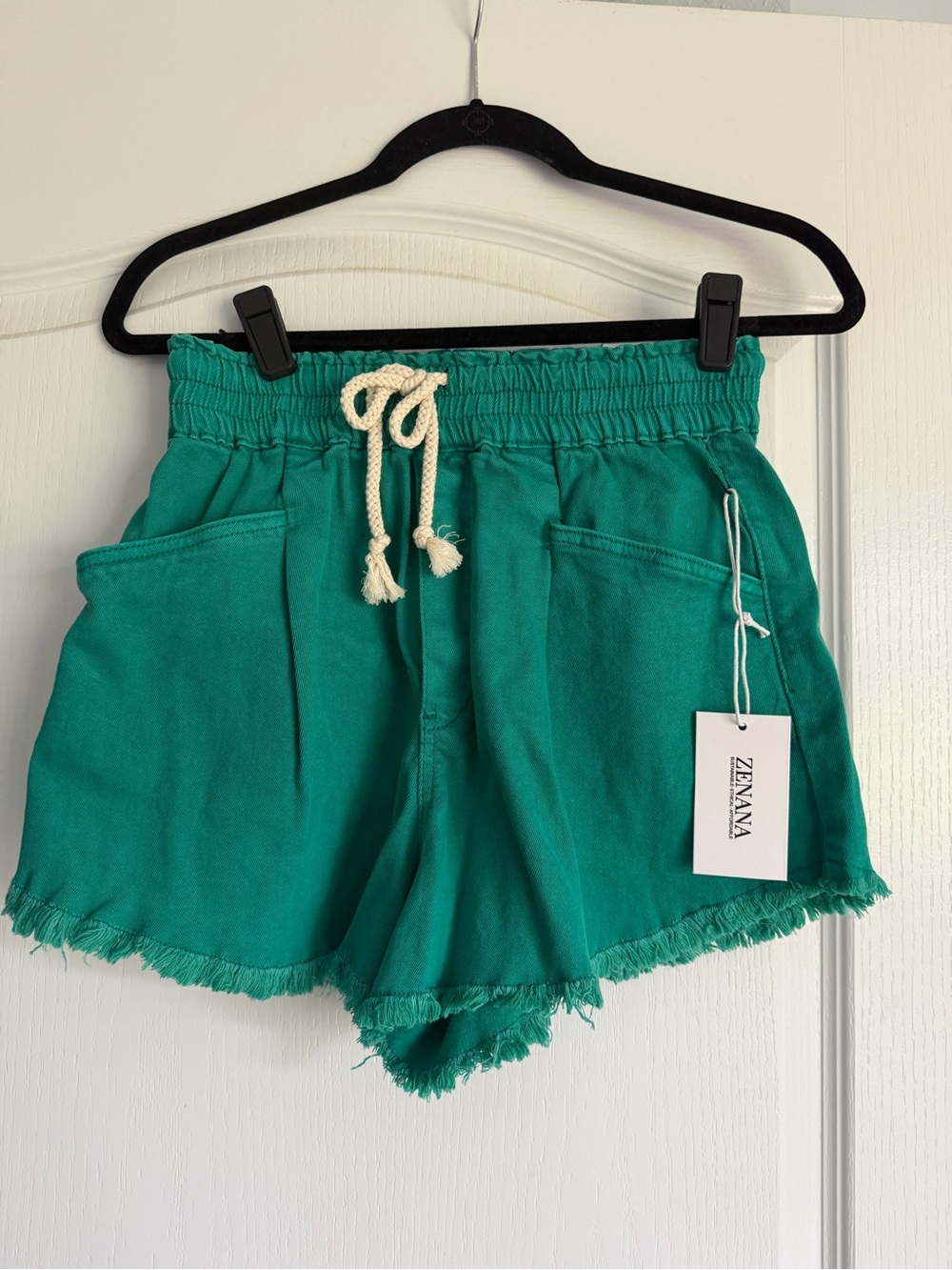 Zenana Outfitters Teal Green High-Waist Drawstring Frayed-Hem Shorts